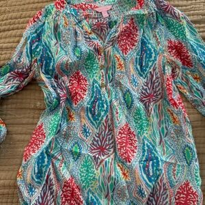 Lilly Pulitzer Multicolor Coral & Teal Print Peasant Blouse